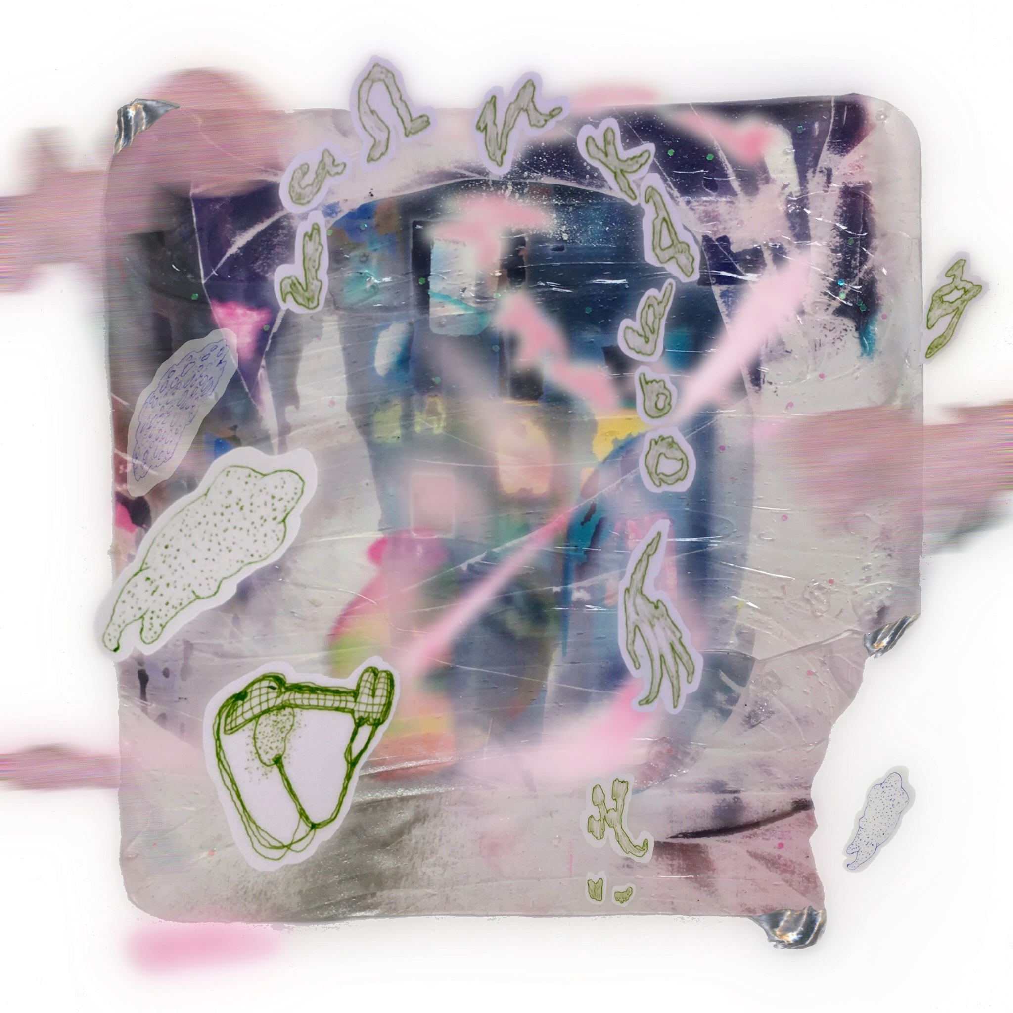 Auto-generated description: A translucent cube with colorful abstract patterns and green organic shapes scattered across its surface is set against a white background with pink and purple streaks.