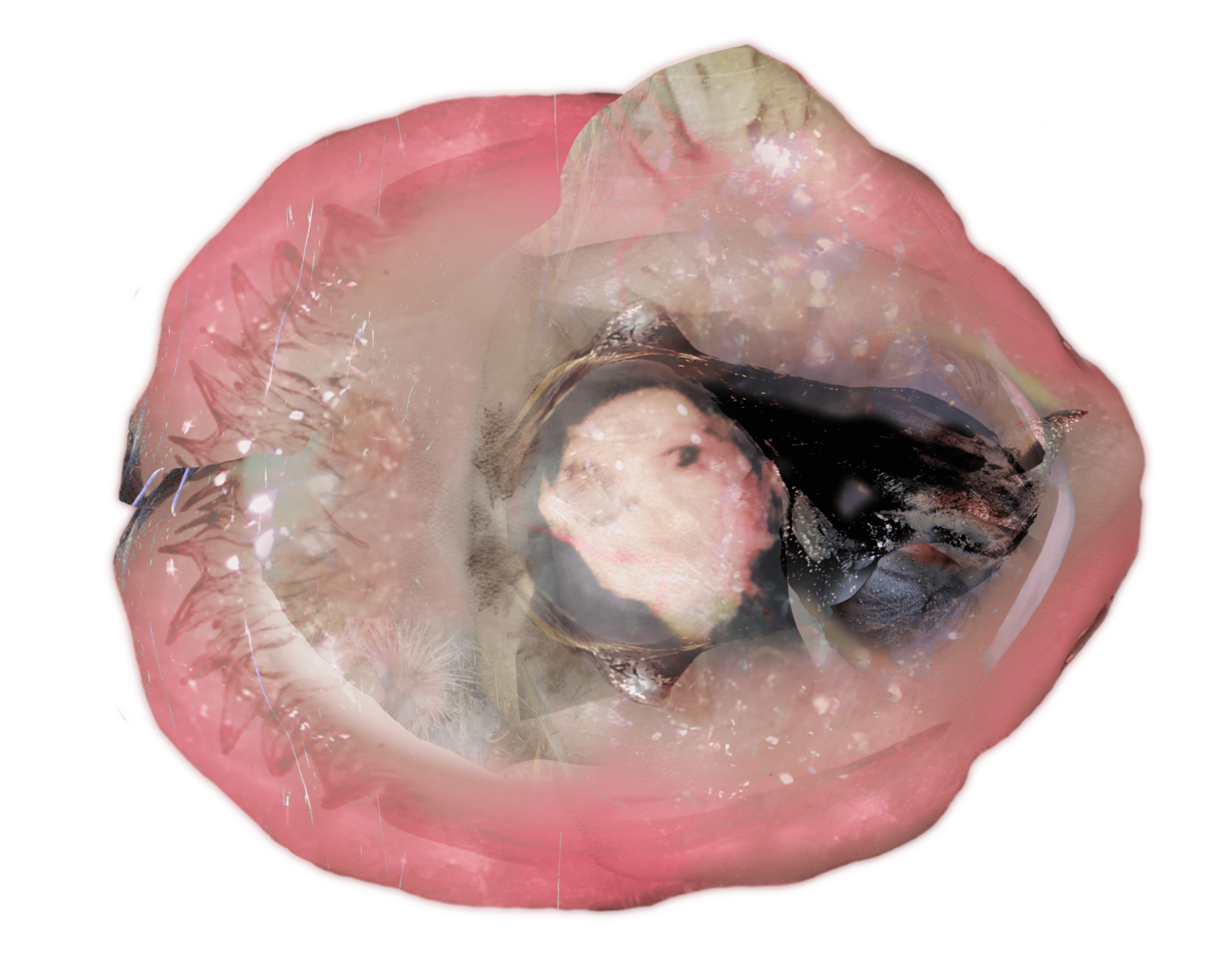 Auto-generated description: A pink, fleshy object with a glossy, translucent exterior encases a dark, abstract shape and various textures within.