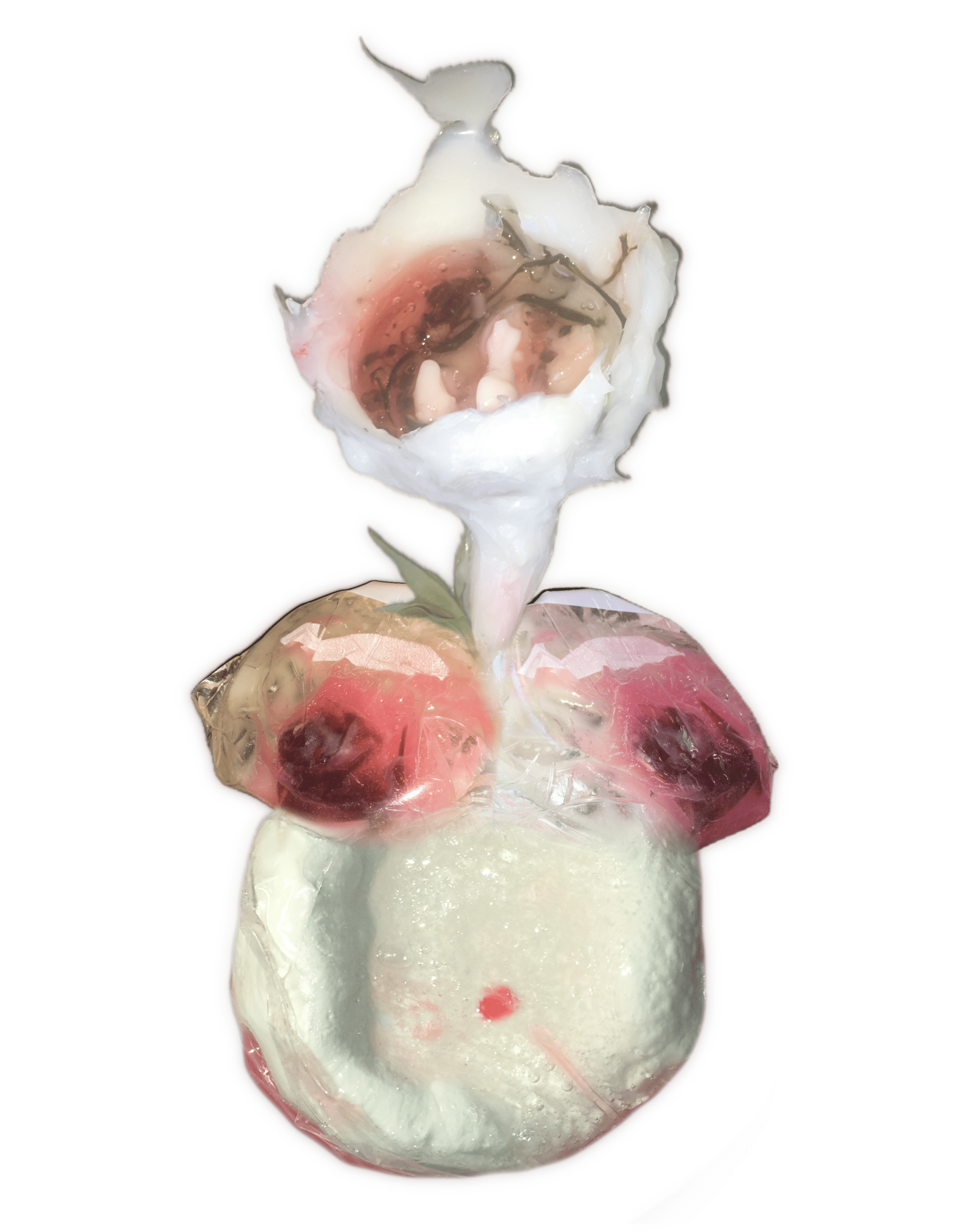 Auto-generated description: A stylized, abstract drawing of a smiling face with blushing cheeks and a flower-like shape above it.
