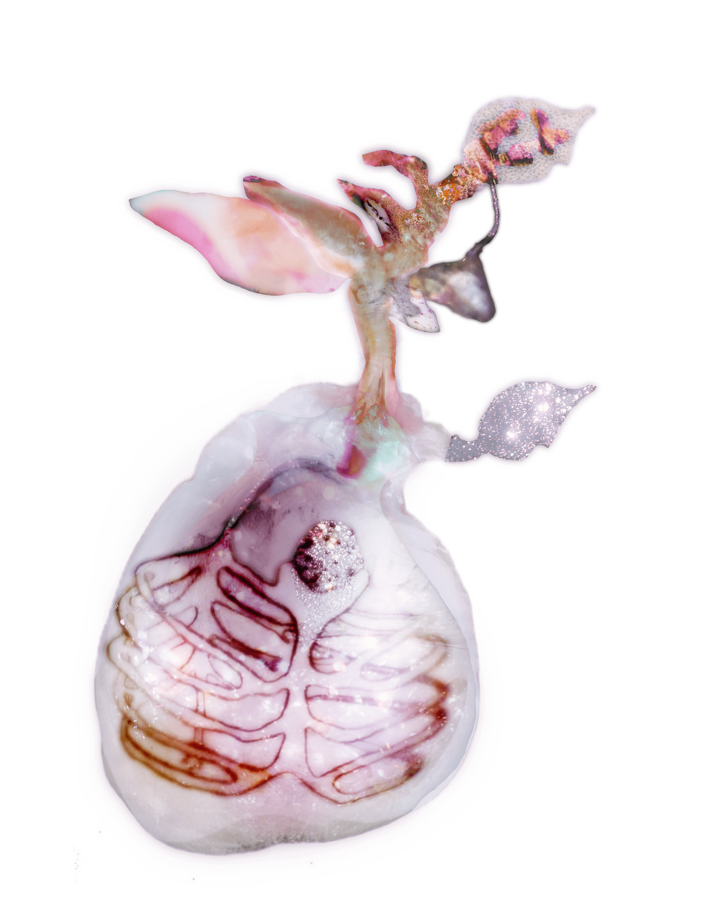 Auto-generated description: A stylized illustration features a heart symbol with anatomical ribs, topped with a plant-like extension, set against a glowing, abstract backdrop.