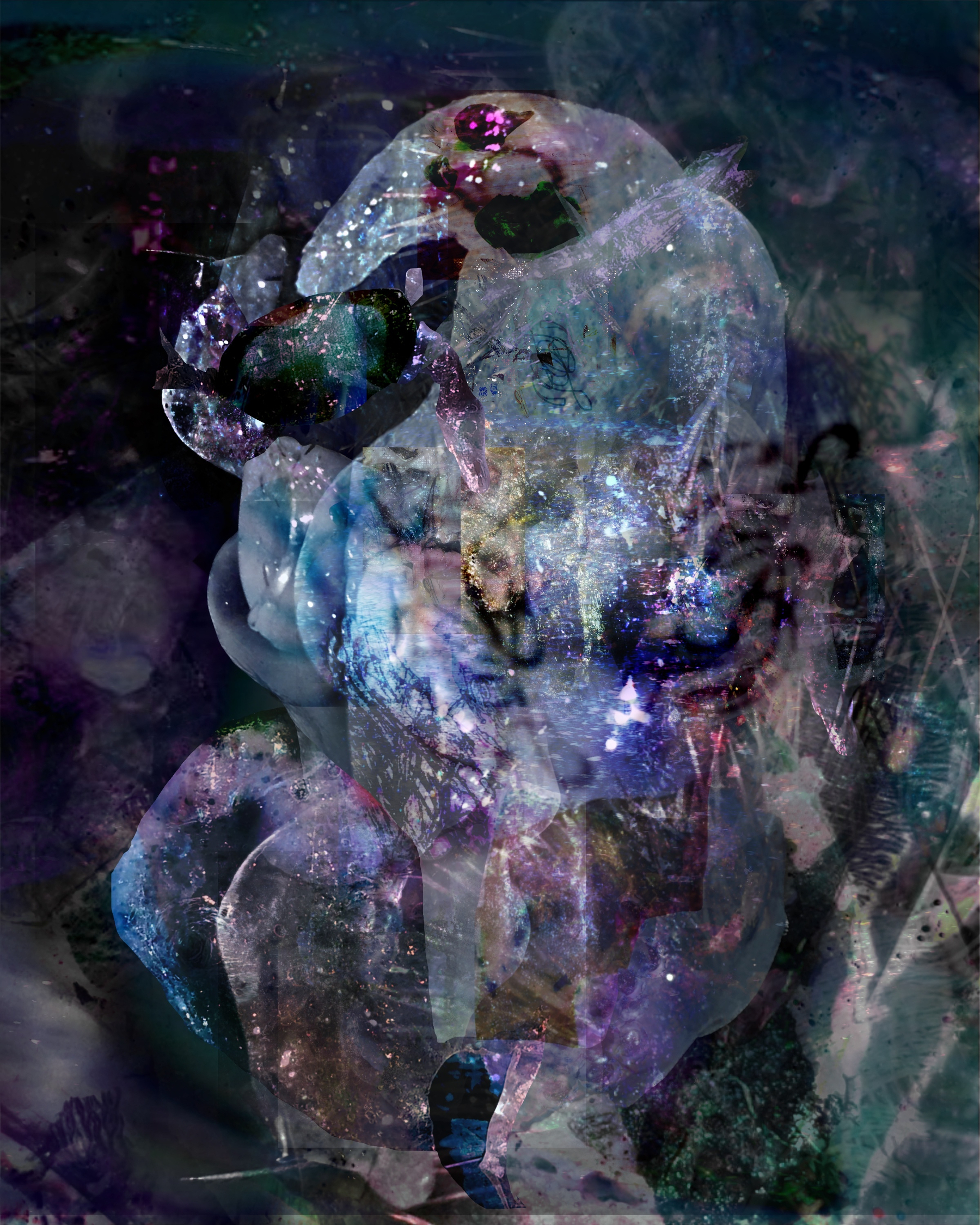 A complex and abstract composition featuring a blend of dark, translucent shapes and iridescent textures that create an ethereal and mysterious visual effect.