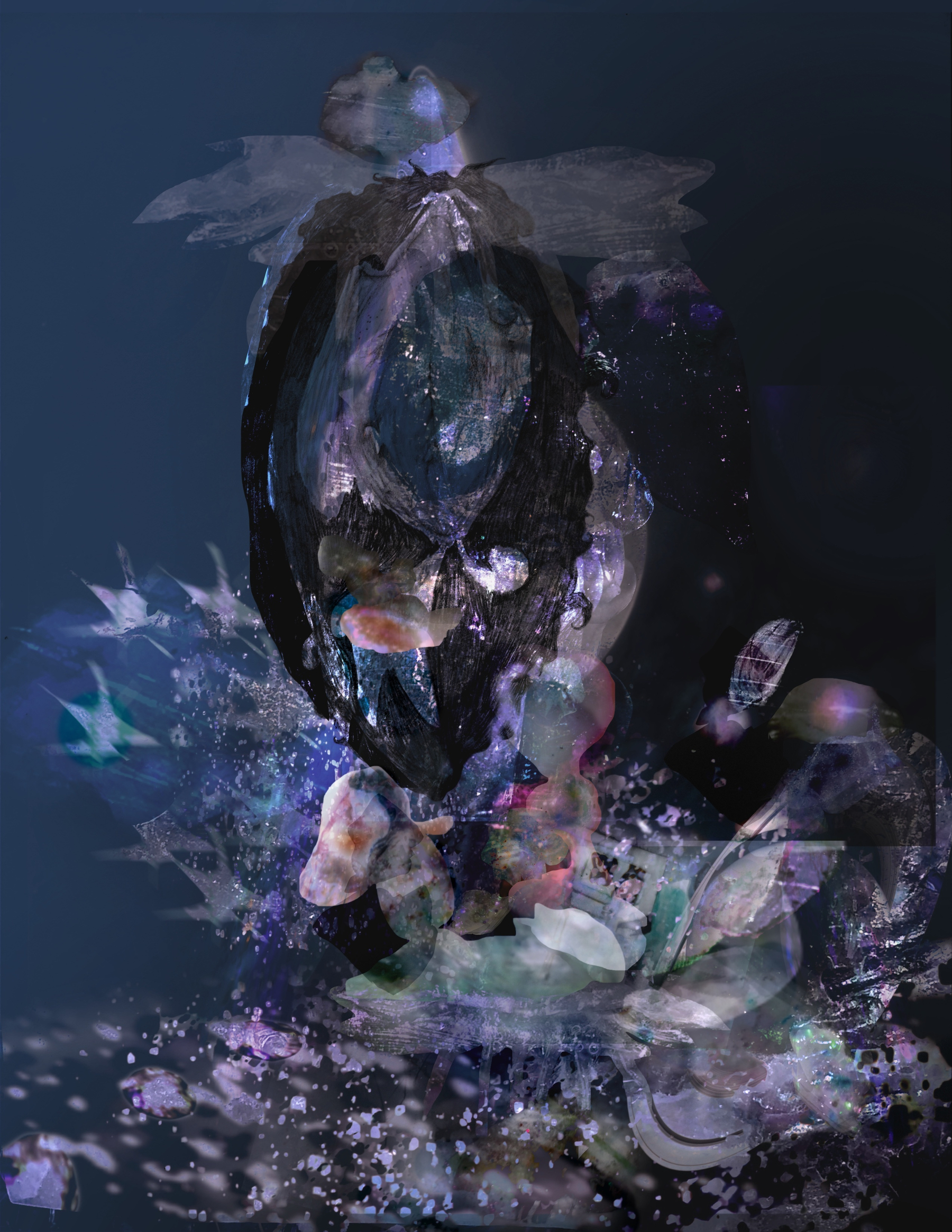 A mystical and abstract figure with translucent wings appears to be emerging from a dark, cosmic background filled with scattered, glowing particles and ethereal shapes.