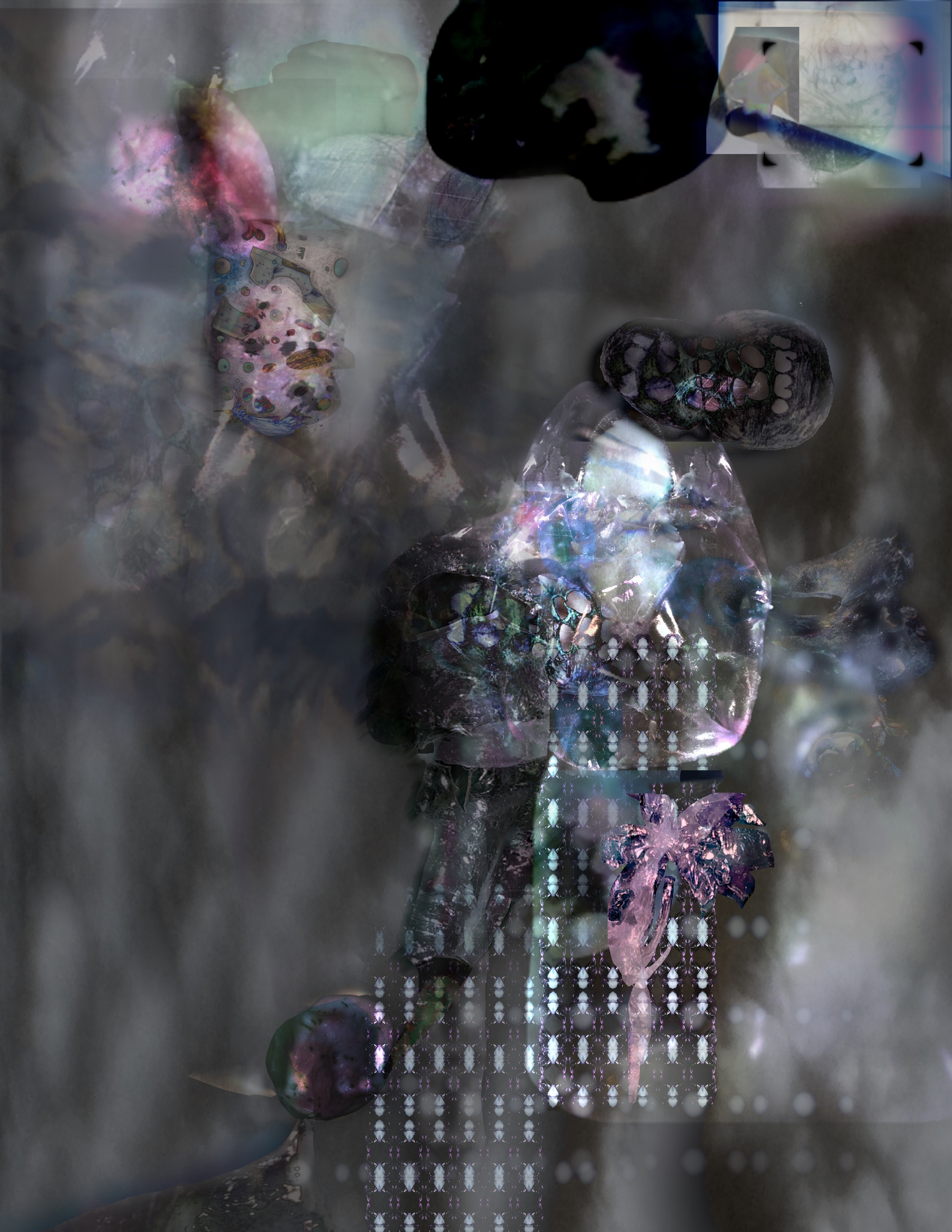 A surreal and dark composition features multiple translucent skulls layered with digital and abstract patterns against a blurred, smoky background.
