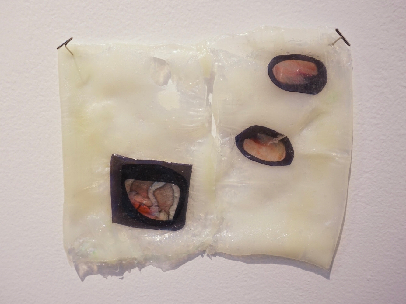 A translucent material with embedded photos is mounted on a wall, secured by two pins.